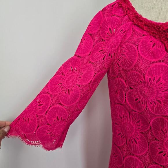 Trina Turk Hot Pink 3/4 Sleeves V Neck Lace Lined Mini Dress Sz 0 (645) - Picture 3 of 8